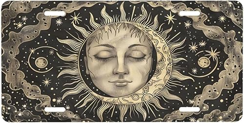 Boho Vintage Moon Sun Black Front License Plate Car Decor Accessory Aluminum Metal Decorative Car Plate Funny Novelty Vanity Tag with 4 Holes for