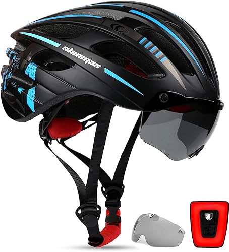 Shinmax Casco de bicicleta con luz recargable USB y gafas magnéticas desmontables, protección UV y bolsa de transporte, casco de bicicleta