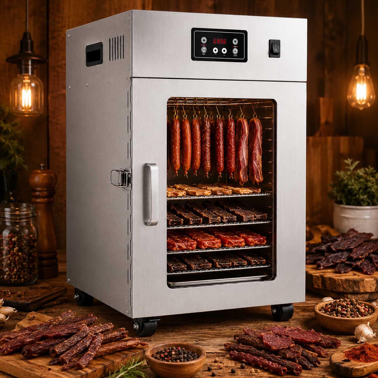 Dry Ager Für Fleisch Mit 360°-Luftstrom Und 30–90 °C Regelung Withgrid | 800 W Edelstahl-Reifeschrank Mit 30–90 °C, 24-H-Timer, 360°-Heissluft, 14 Haken Und 5–7,5 Kg Kapazität.
