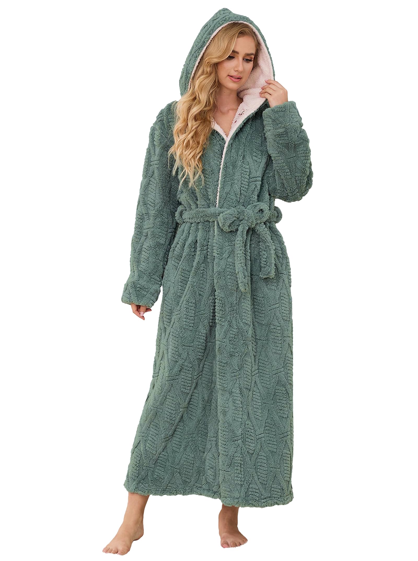 Hellomamma Women Fluffy Robes With Hood Floor Length Long Fleece Winter Bathrobes Ladies Hooded Housecoat for Spa Shower