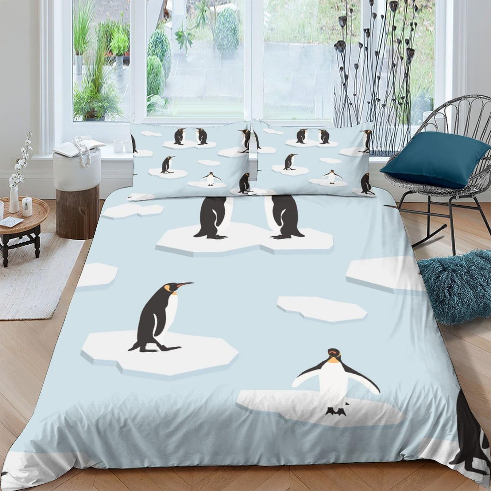 Ctjqhvkz Style-6 3D Printed Penguin Iceberg Fitted Sheet Microfiber Soft Sky Blue Bed Cover For Bedroom Dorm Mattress Protection Decor Single（135X200cm）