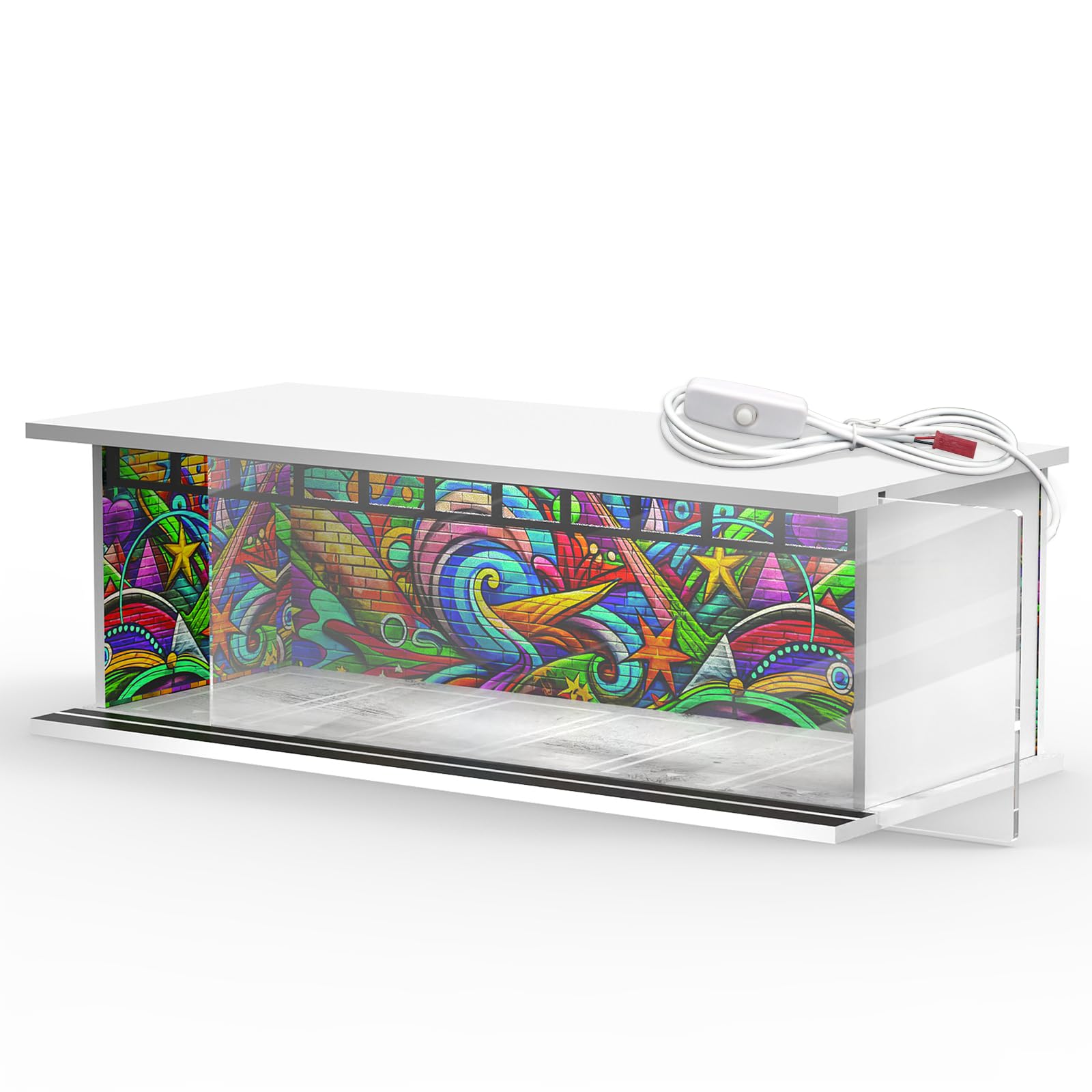 SAMYUCHO 1/64 Scale Diecast Display Case for Hot Wheels Matchbox Cars, Toy Car Model Mini Garage with LED Light and Acrylic Cover, Stackable Parking