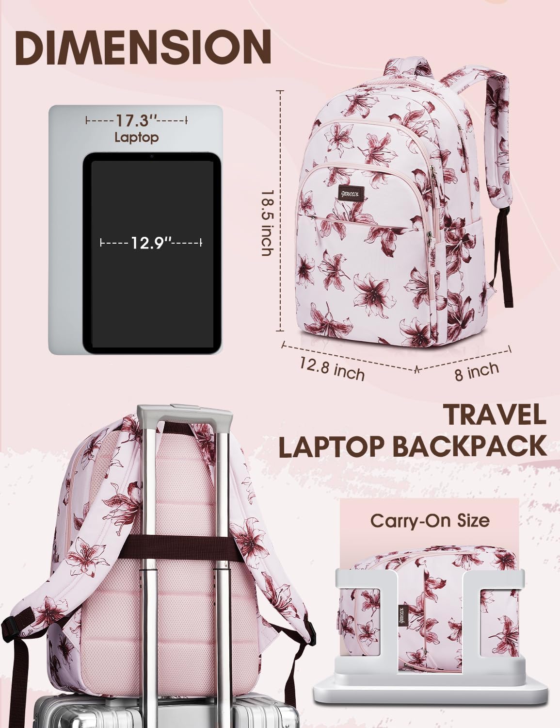 Laptop Backpack for Women, Pink Business Travel Laptops Backpack with USB Charging Hole for 17.3inch Laptop Work Bag, Sturdy Daypack Computer Backpacks Gift for Teacher Doctor Nurse College