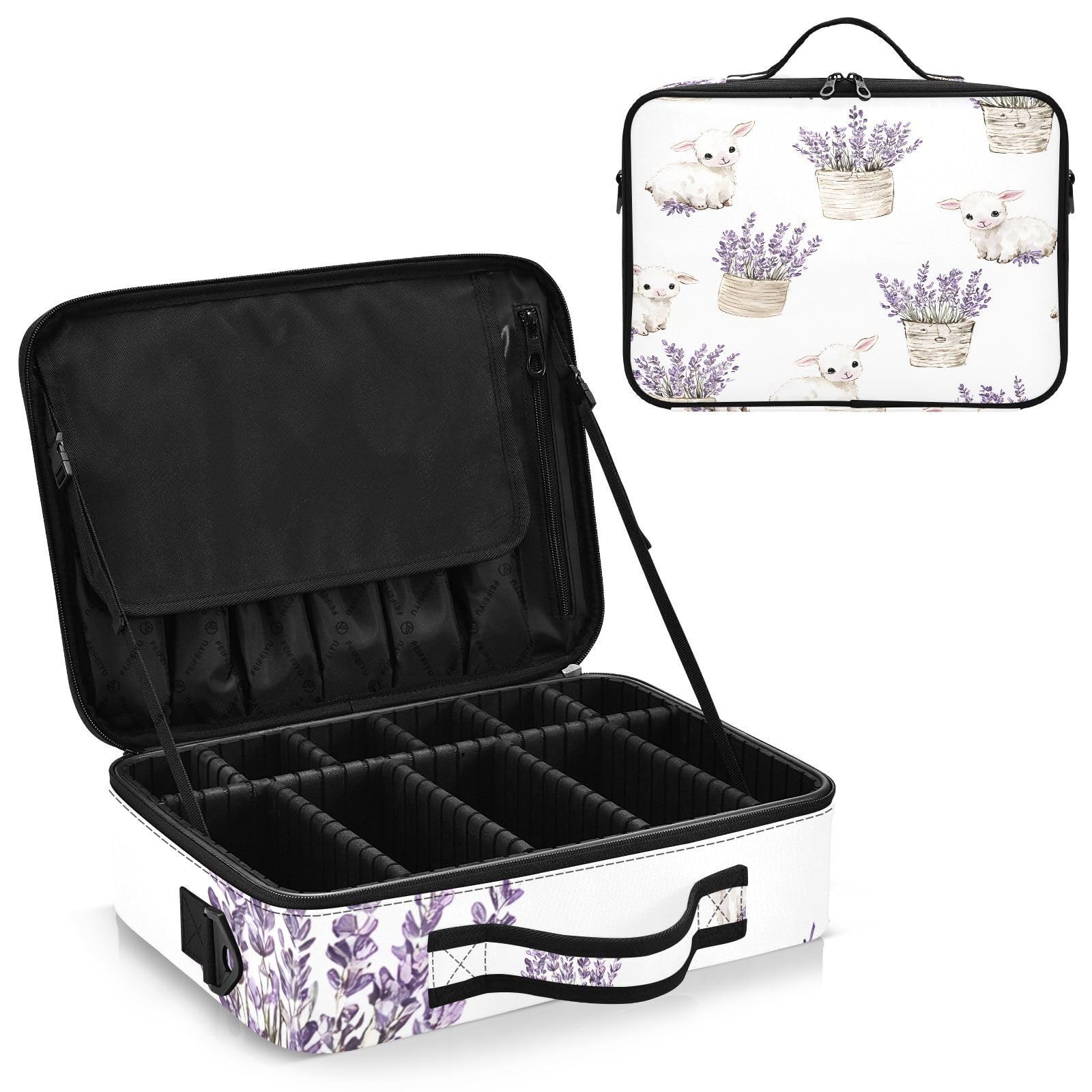zyrtty Travel Makeup Train Case Lavender Lamb Pattern Cosmetic Organizer Portable Storage Bag with Adjustable Dividers for Cosmetics Brushes Toiletry Jewelry Digital Accessories