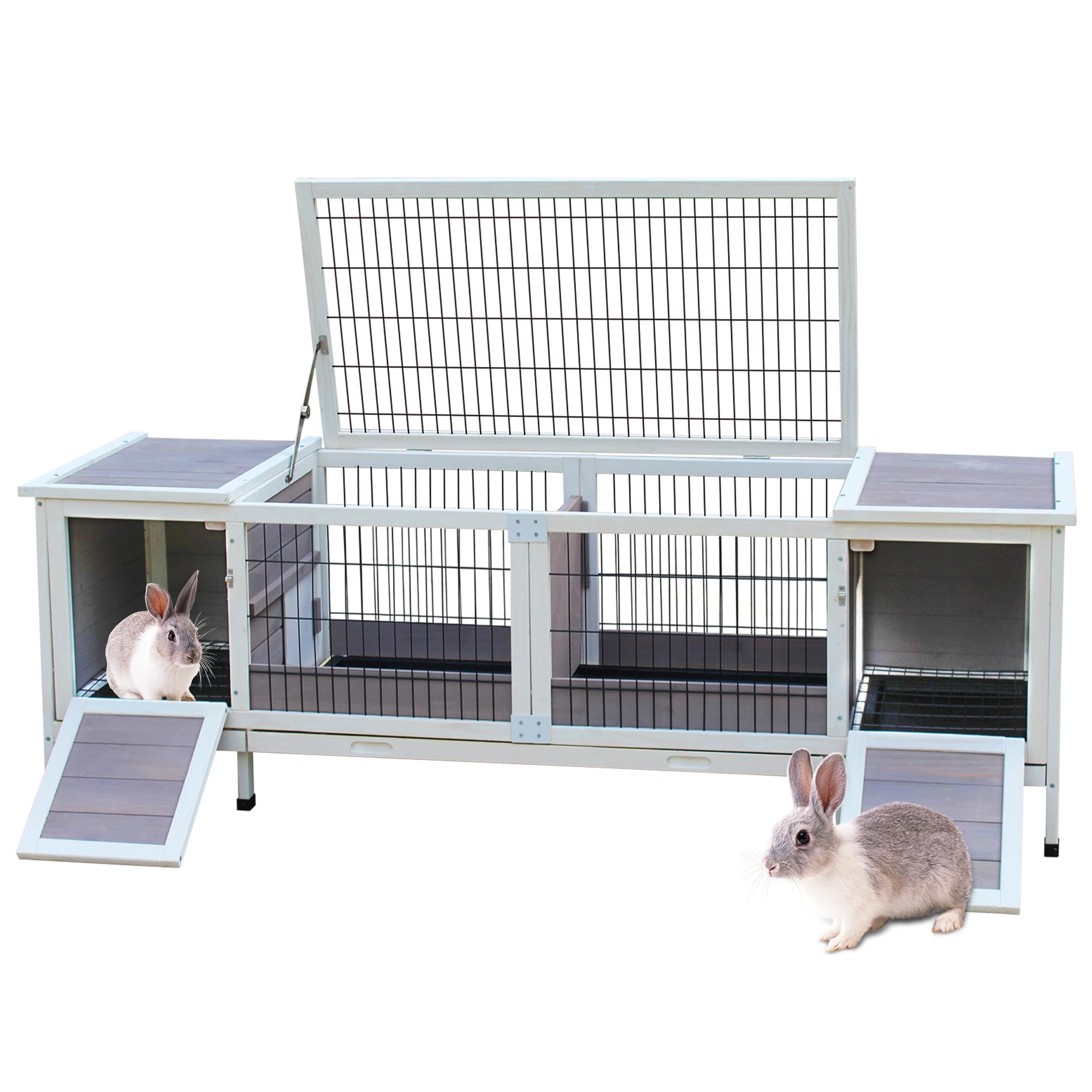Rabbit Cage, Rabbit Hutch Bunny Cage with Double House and Run Indoor Outdoor Guinea Pig House with No Leak Trays and Waterproofplastic Feet