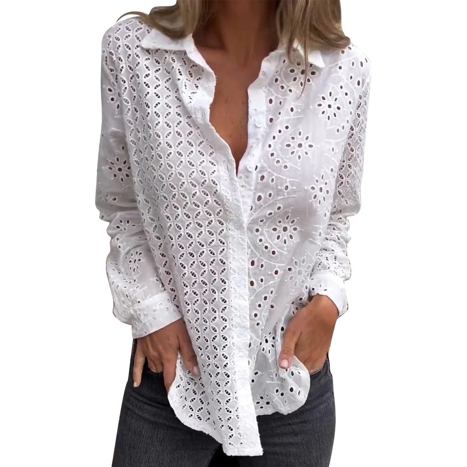T Shirt Femme Longues en Dentelle Brodée pour Chemise Boutonnée À Manches Ajourée Brodée, La Chemisier Tee Fleurie Bleu Marine Womens Tee-Shirt Col V Blouse Rouge Chic Tunique Grande