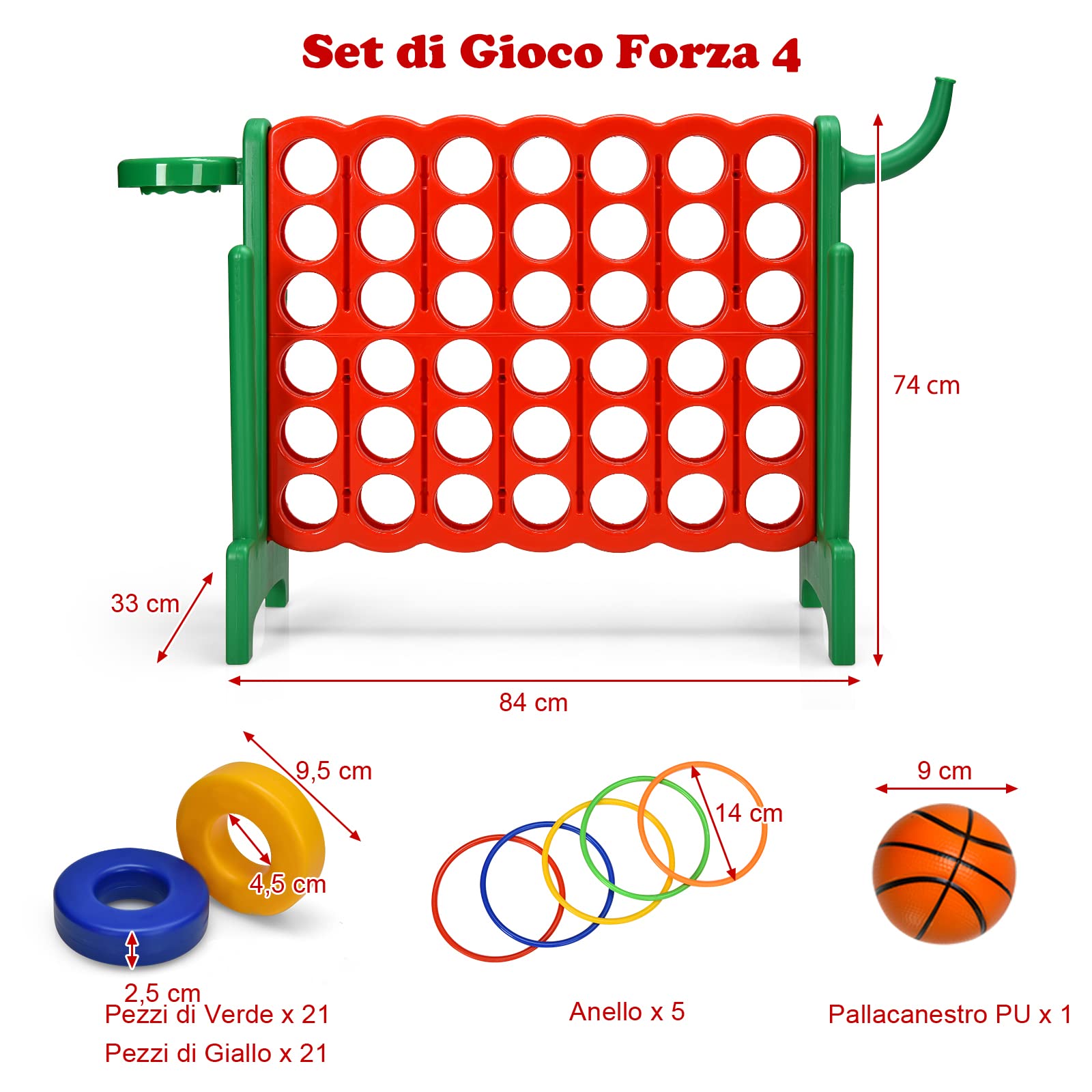 GYMAX Gioco Forza 4 Gigante 3 in 1, Anelli di Lancio, Canestro e Pallacanestro, per Bambini e Adulti, 84 x 33 x 74 cm (Verde)
