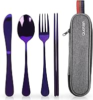 Quatish Portable Travel Utensils Set with Case - Stainless Steel Reusable Fork Spoon Knife Chopsticks for Camping Work EDC Purple