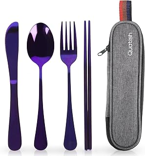 Quatish Portable Travel Utensils Set with Case - Stainless Steel 5-Piece Fork Spoon Knife Chopsticks for Camping Work Lunch Purple
