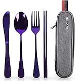 Travel Utensils with Case, Quatish Portable Silverware Set for Work, Stainless Steel Reusable Travel Cutlery Set, Fork and Spoon Set for Camping, EDC Gadgets, Lunch Box for Men, Purple