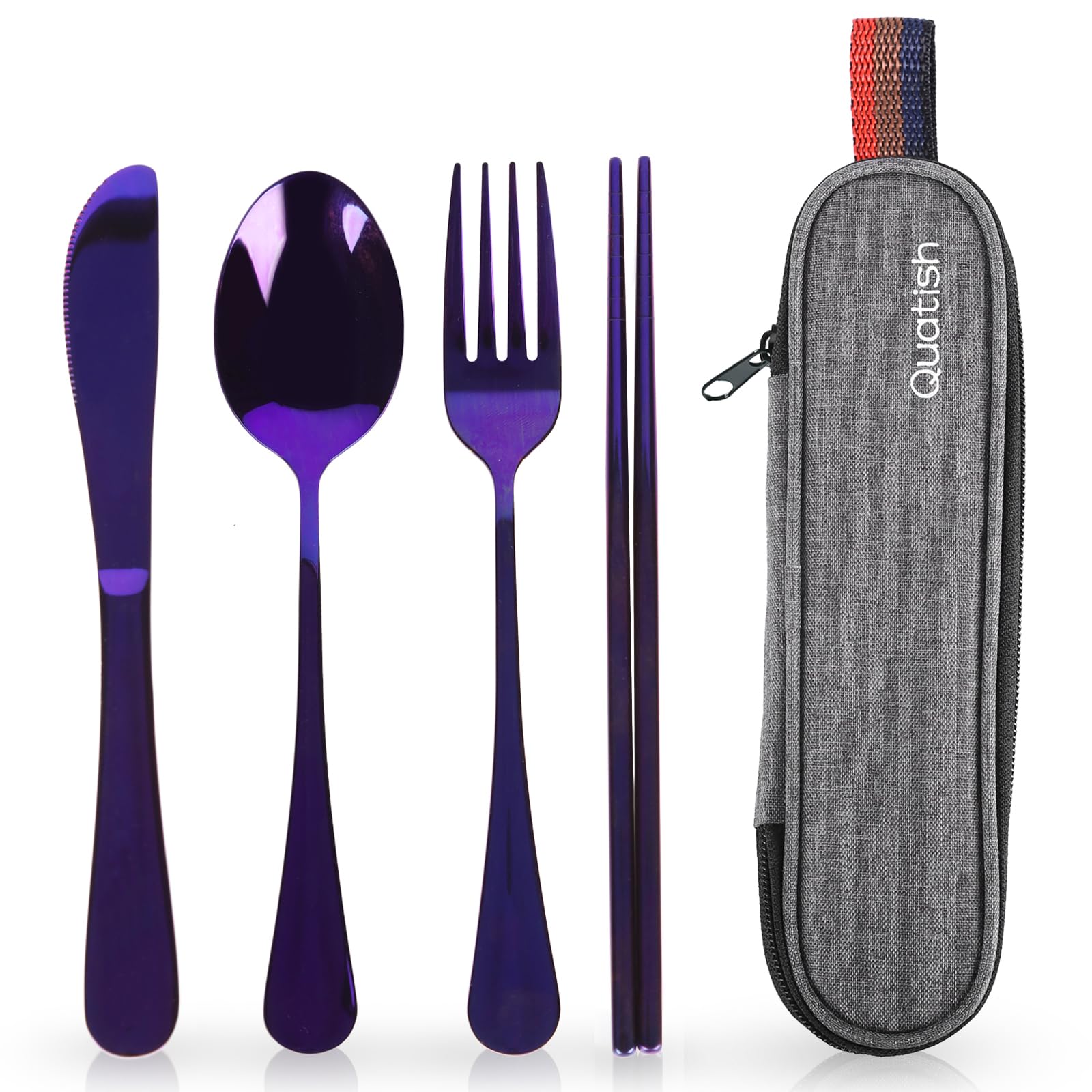 Travel Utensils with Case, Quatish Portable Silverware Set for Work, Stainless Steel Reusable Travel Cutlery Set, Fork and Spoon Set for Camping, EDC Gadgets, Lunch Box for Men, Purple