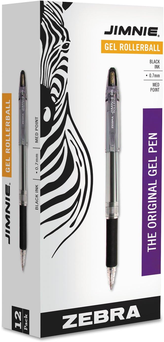 Zebra 44110 Jimnie Stick Gel Pen, Medium Point 0.7mm, Black Ink, Smoke Barrel, 12 Pens/Pack, Sold as 1 Pack