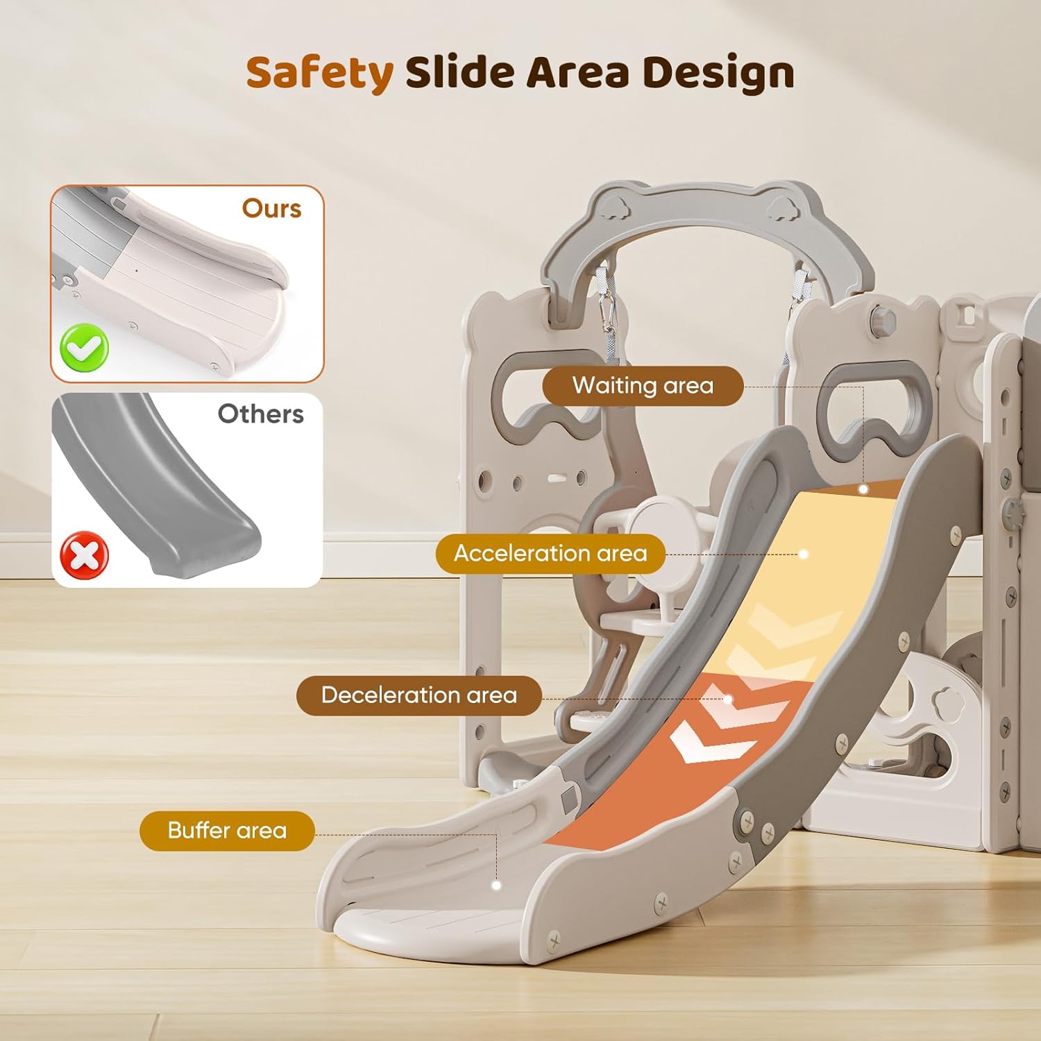 Toddler Slide and Swing, 10 in 1 Toddler Indoor Playground, Slide for Toddlers, Outdoor Playset Backyard with Basketball Hoop, Tunnel and Storage Space, Kids Double Slide Age 1+ (Grey)