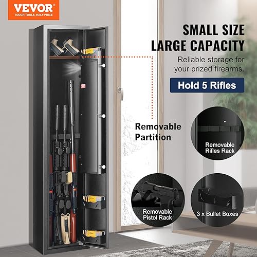 Miniatura 4 de VEVOR Caja fuerte para 5 rifles, caja fuerte para rifle con bloqueo de huellas dactilares, gabinete de almacenamiento de armas de acceso rápido con