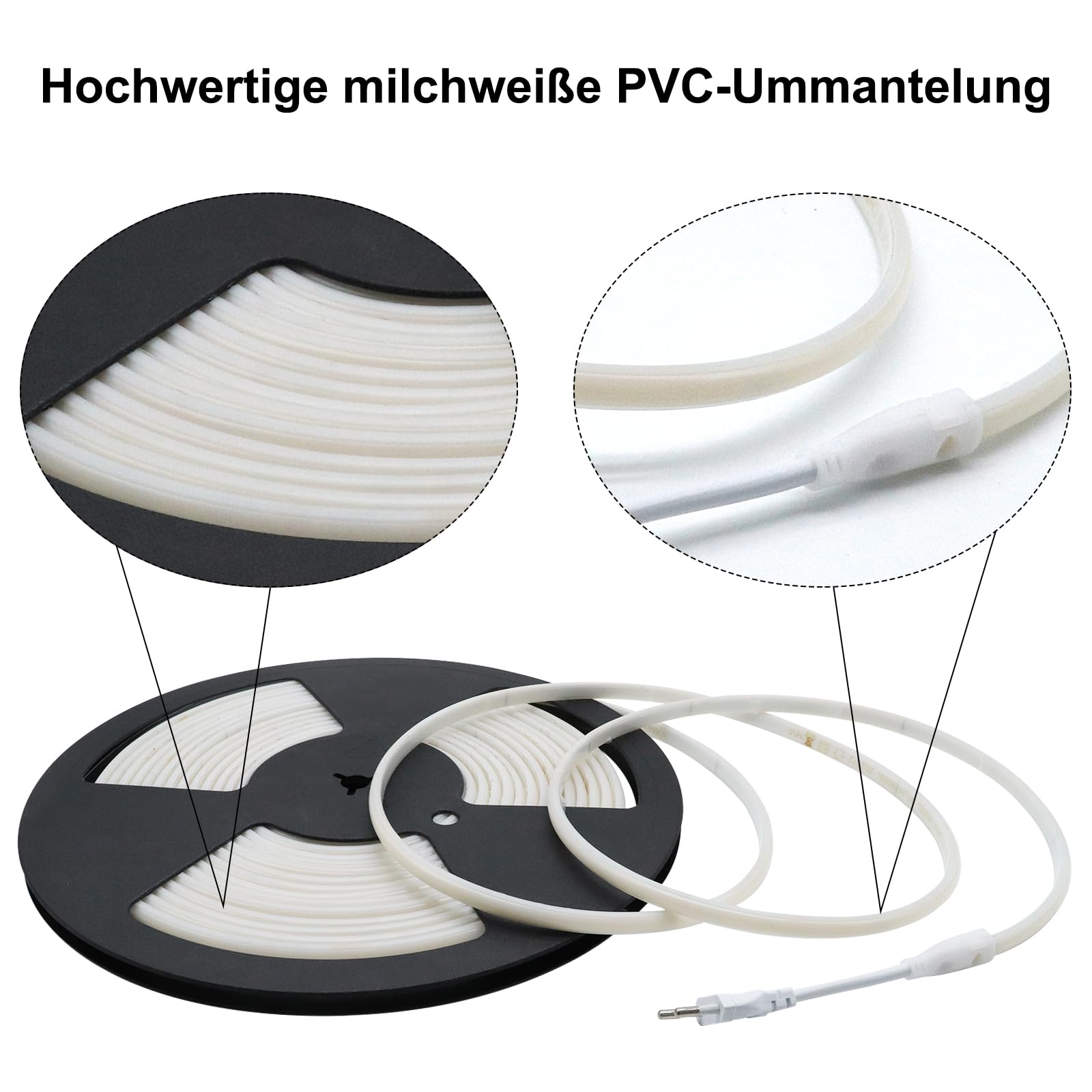 COB LED Streifen 230V 10m Warmweiß 3000K IP67 dimmbar | 296 LEDs/m, direkt an AC 230V ohne Trafo, zuschneidbar alle 12,5 cm, PVC Schlauch für Innen & Außen