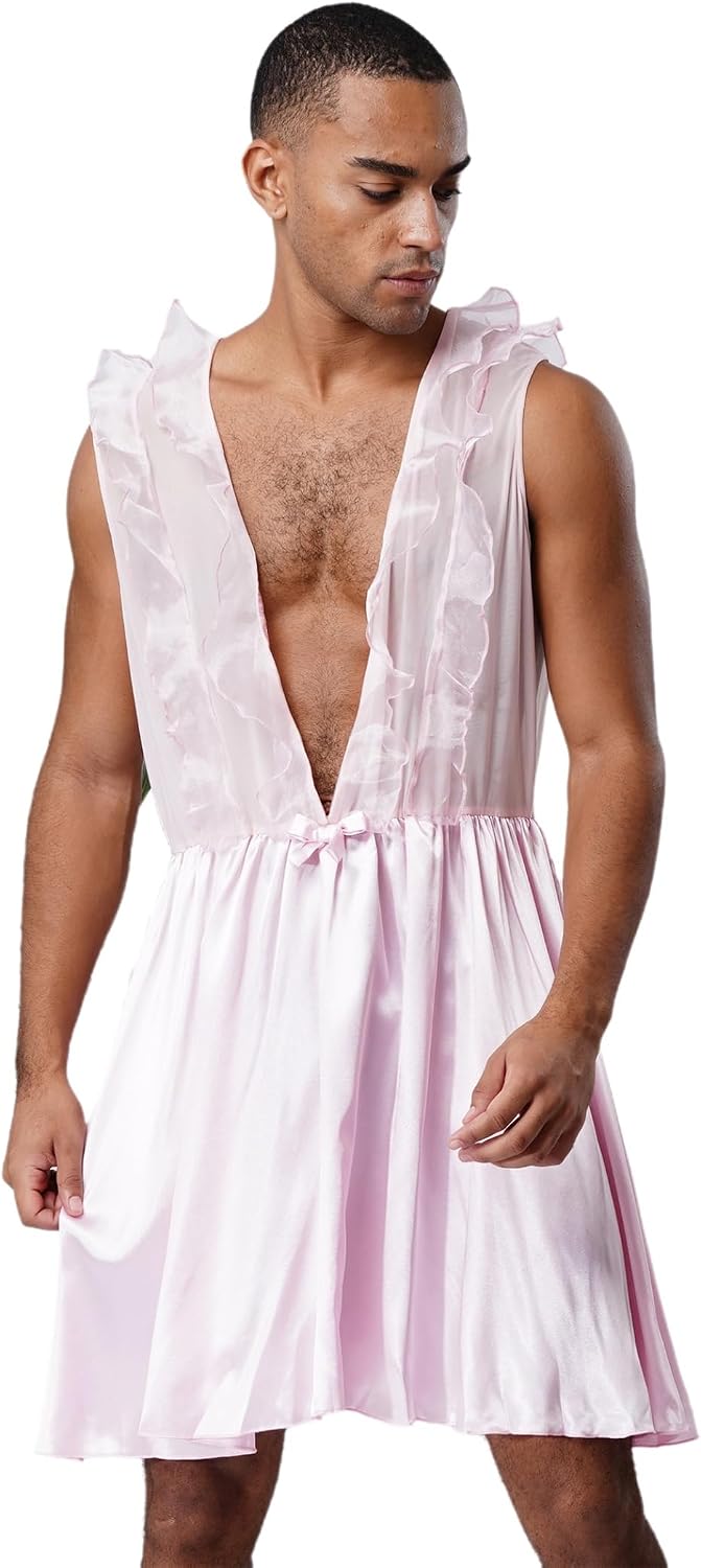 Men's Sissy Sleep Dress Deep V Neck Sleeveless Ruffle Sheer Patchwork Satin Mini Nightdress