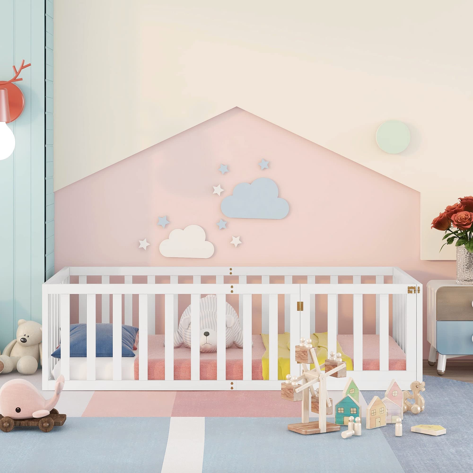 Zepneiy Letto per bambini, 90 x 200 cm, telaio per letto a pavimento in legno massello, letto per bambini con recinzione e porta, bianco