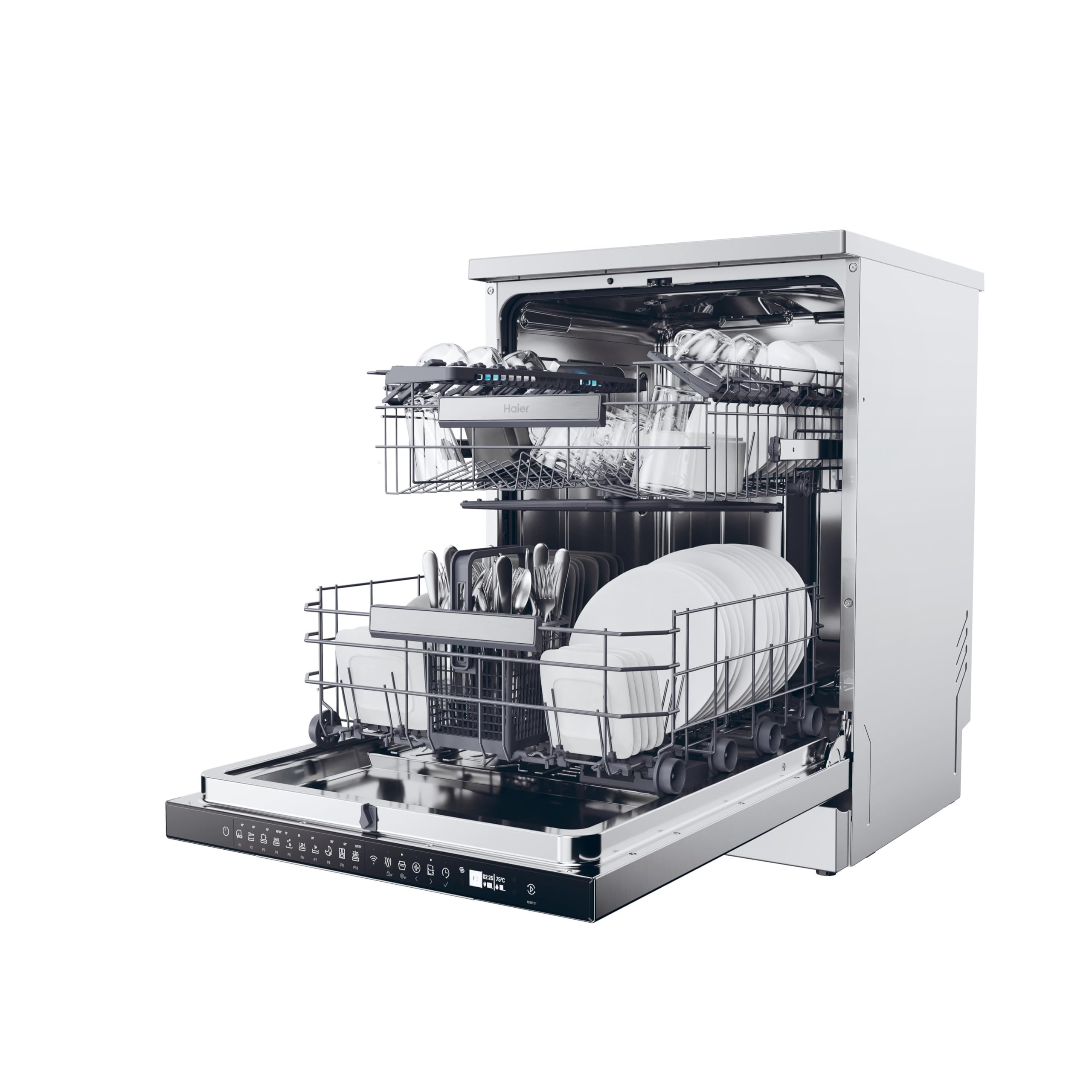 Haier I-PRO SHINE SERIE 3 XF 5C4M1X freistehender Geschirrspüler / 15 Maßgedecke/Breite 60 cm/AutoDoor/PowerWash / 3. Oberkorb für Besteck/Vollwasserschutz/Edelstahl