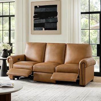 HULALA HOME Genuine Leather Power Recliner Sofa with Adjustable Back and Footrest,3 Seater Reclining Couch with USB&Type-C Ports, Electric Reclining Sofa Chair for Living Room,Camel
