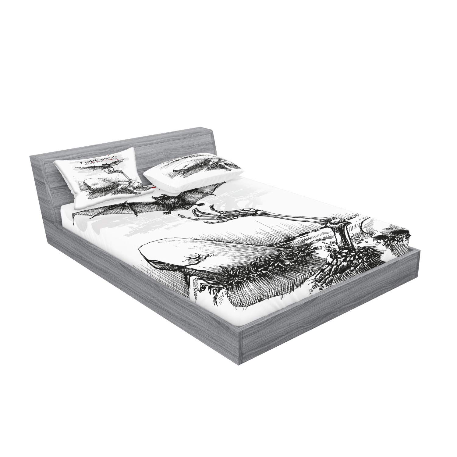 Ambesonne Halloween Fitted Sheet & Pillow Sham Set, Dead Skull Skeleton Out of The Grave and Flying Bat Hand Drawn Spooky Picture, Decorative Printed 3 Piece Bedding Decor Set, King, Black Ecru