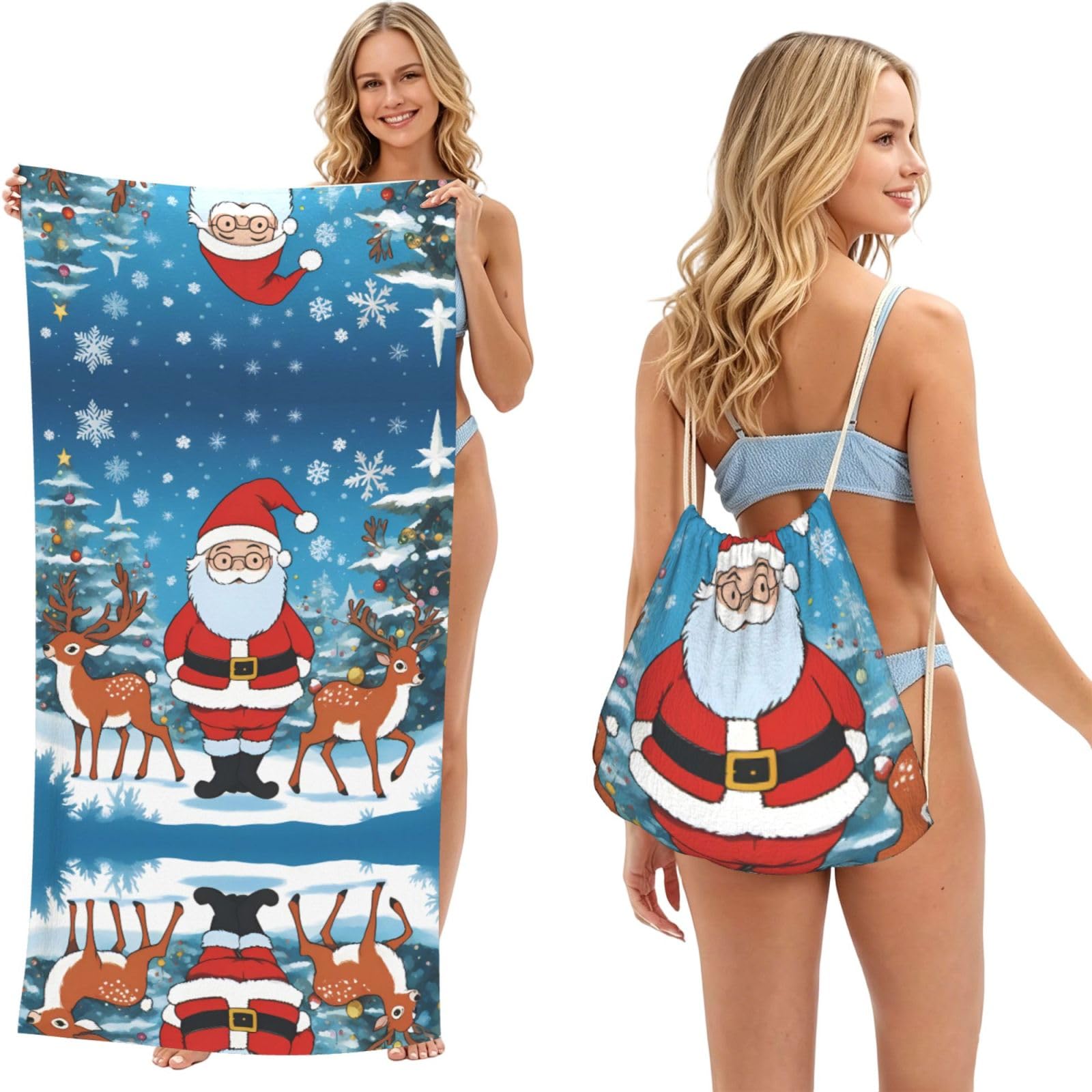 SXZVVBN Cute Christmas deer 2-in-1 Beach Towel Bag, Quick Dry Sand Free Travel Towel Backpack for Adults