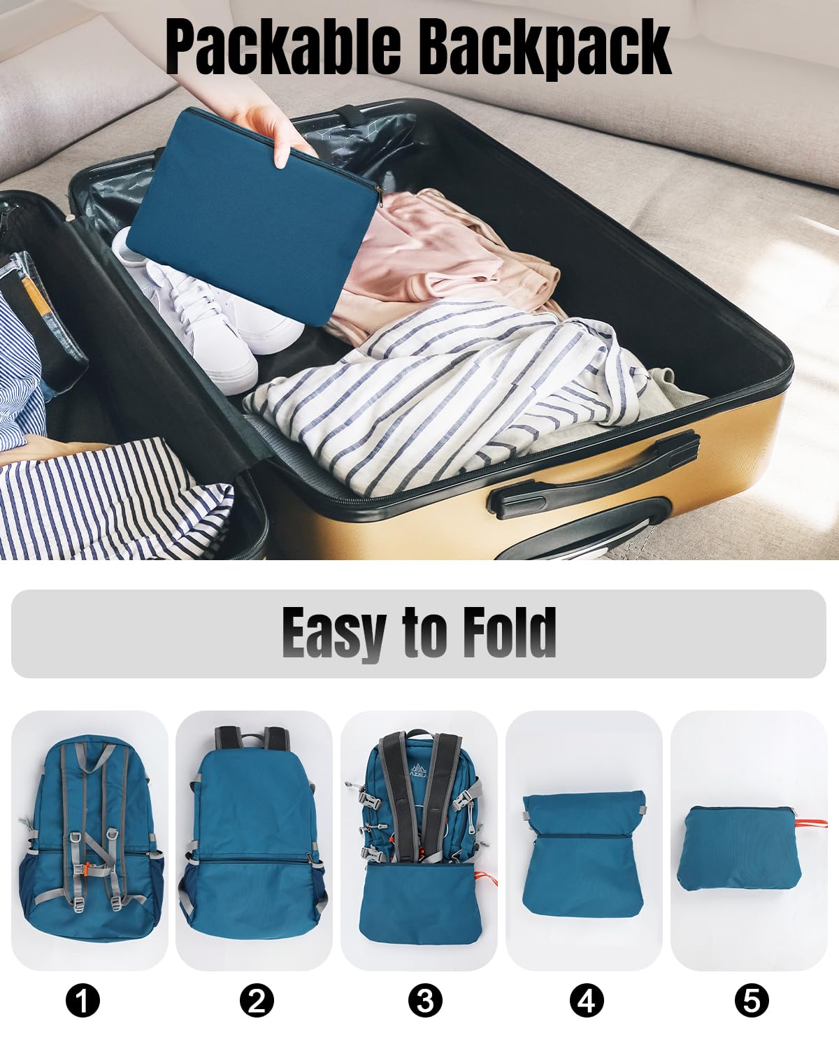 Zaino da trekking pieghevole da 35 l, unisex, leggero, con cinghia toracica, grande zaino pieghevole per campeggio, viaggi, sport, Blu, L, Casual