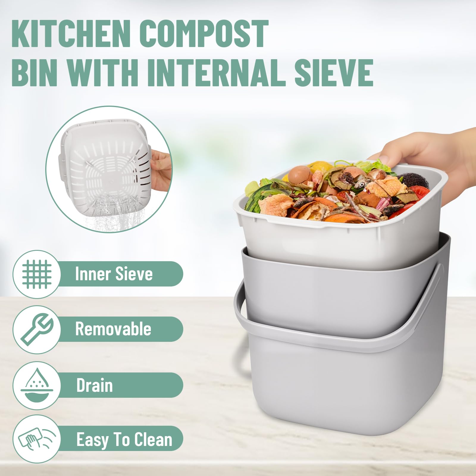 Pattumiera Biologica da Cucina,Bidone per Compost da Cucina,Piccolo Contenitore per Rifiuti con Coperchio,Pattumiera Umido,Lavabile in Lavastoviglie,Cestino per La Spazzatura