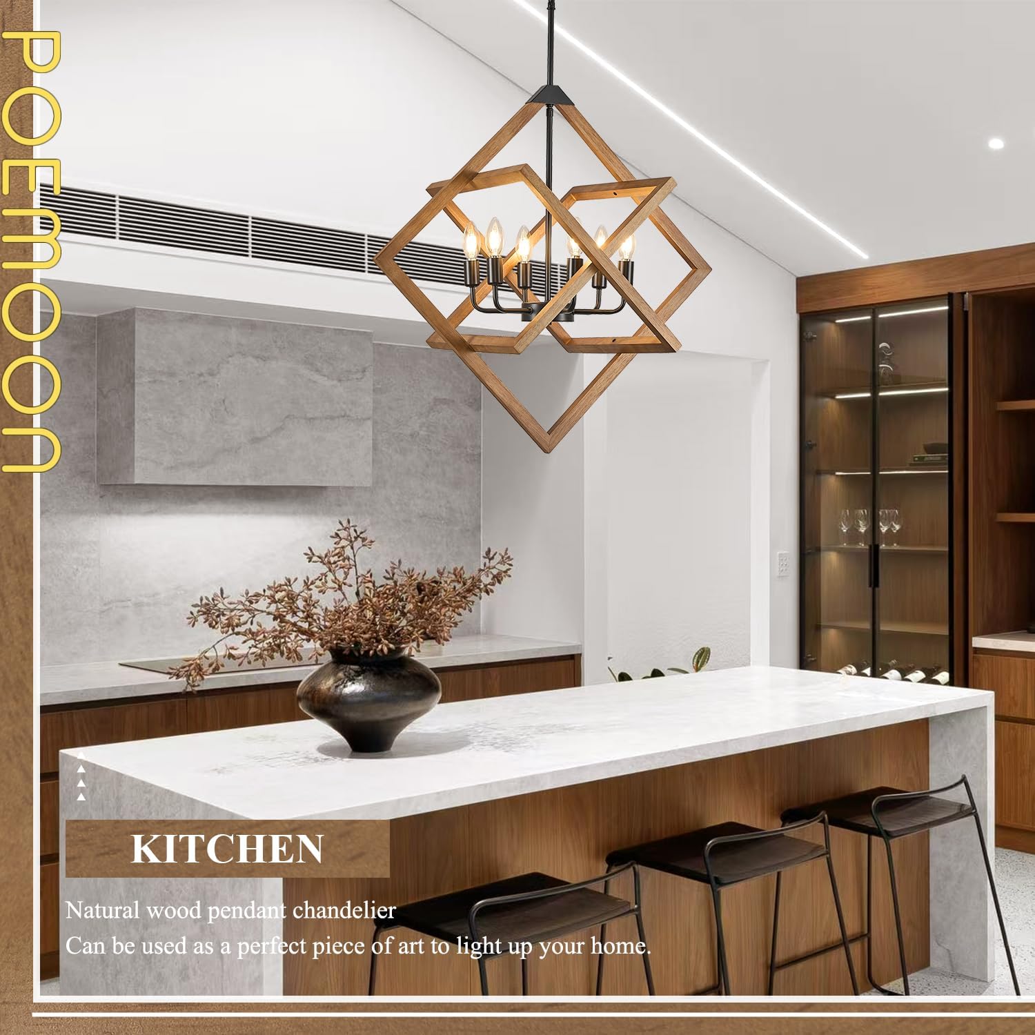 6 Lights Farmhouse Wooden Chandelier 27.5" Geometric Oak Wood Pendant Light Rustic Hanging Lighting Fixture for Kitchen, Living Room, Foyer, Entryway,Dining Room