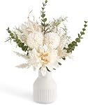 Mkono Small Artificial Flowers in Ceramic Vase 13.5" Centerpieces Coffee Table Decor, Silk Flower Arrangements for Home Decor Indoor Fake Flower Bouquet for Dining Room Kitchen Wedding, White