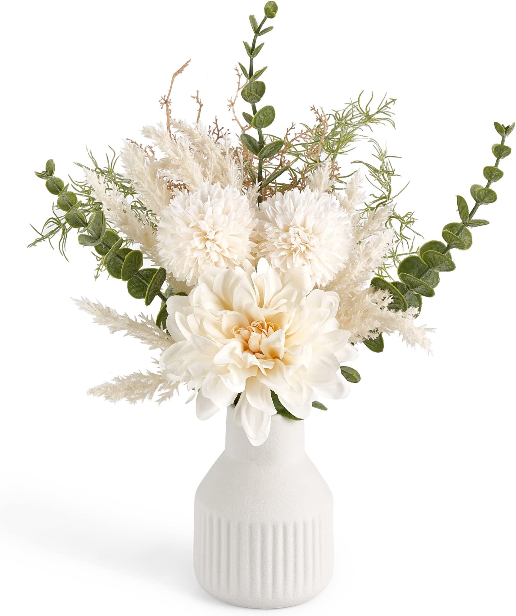 Mkono Small Artificial Flowers in Ceramic Vase 13.5" Centerpieces Coffee Table Decor, Silk Flower Arrangements for Home Decor Indoor Fake Flower Bouquet for Dining Room Kitchen Wedding, White