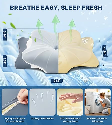 Miniatura 5 de Almohada cervical para aliviar el dolor de cuello, almohada ergonómica refrescante de espuma viscoelástica con funda de almohada de seda de hielo,