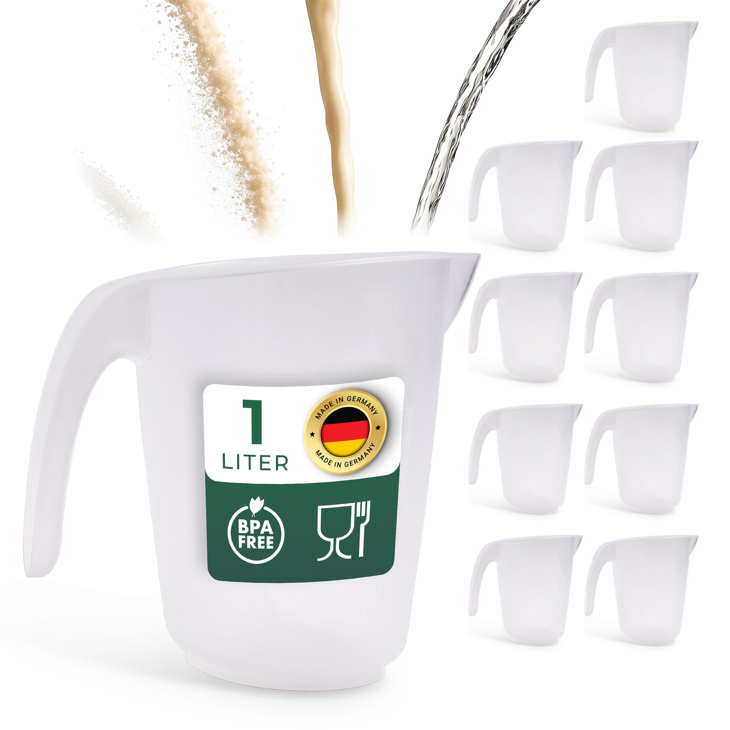 Novaliv Juego de 10 vasos medidores de 1 l, vaso medidor, 1000 ml, transparente, con escala transparente g/ml para líquidos de harina y azúcar, fabricado en Alemania, apto para lavavajillas