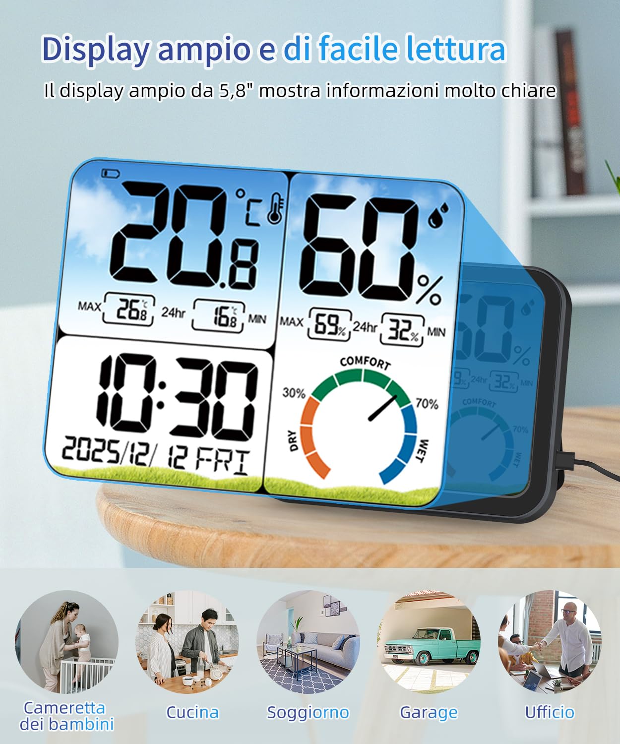 VOCOO Termometro digitale per interni – 5,8 pollici,display extra grande,misuratore di umidità accurato,termometro per ambiente con calibrazione,registrazioni max-Min,comfort,controluce,data (Black)