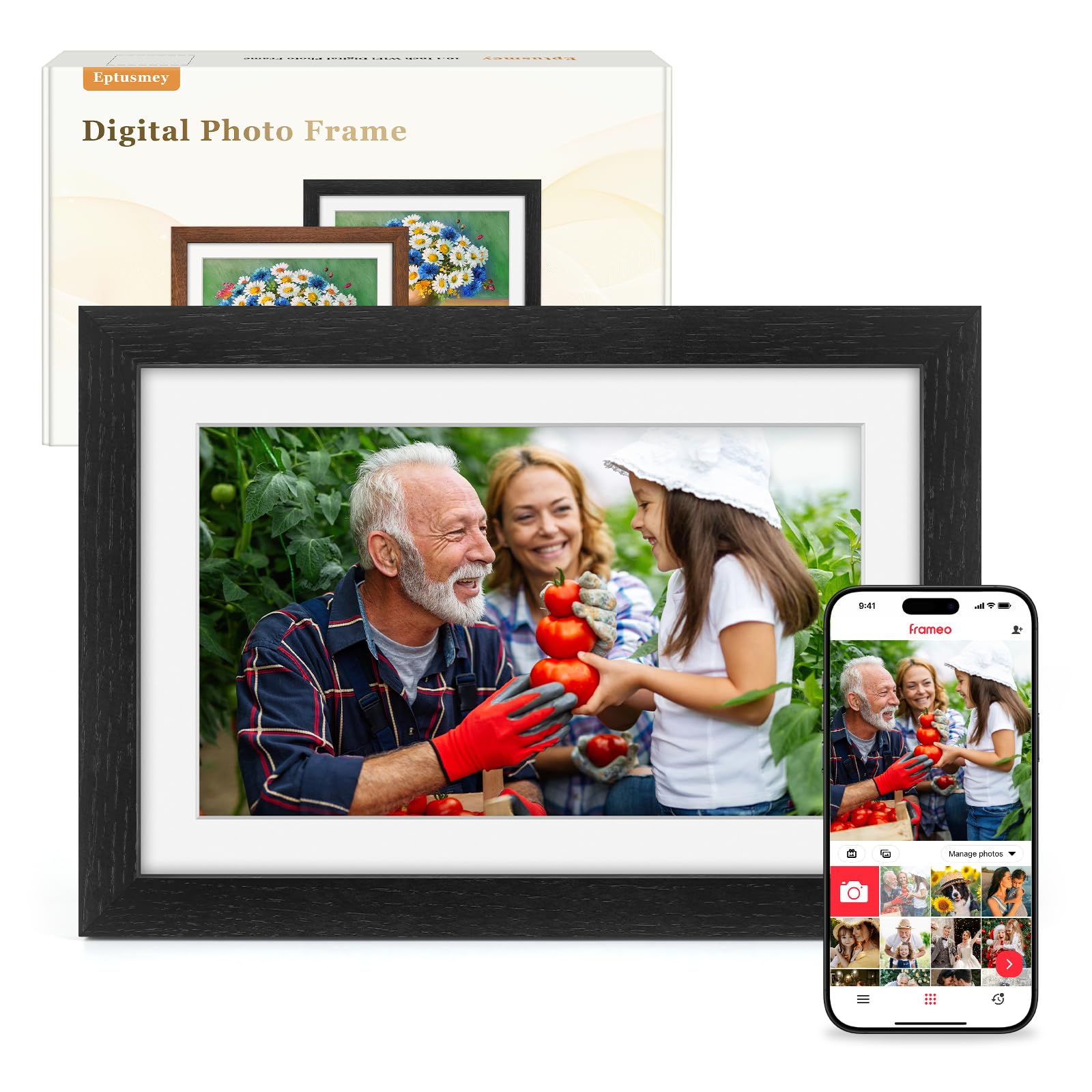 Frameo Marco de Fotos Digital WiFi 10.1 Pulgadas Negro Madera de Roble Memoria Incorporada 32GB, HD 1280x800 IPS, Pantalla Táctil para Fotos/Videos, Rotación Automática, Montaje en Pared