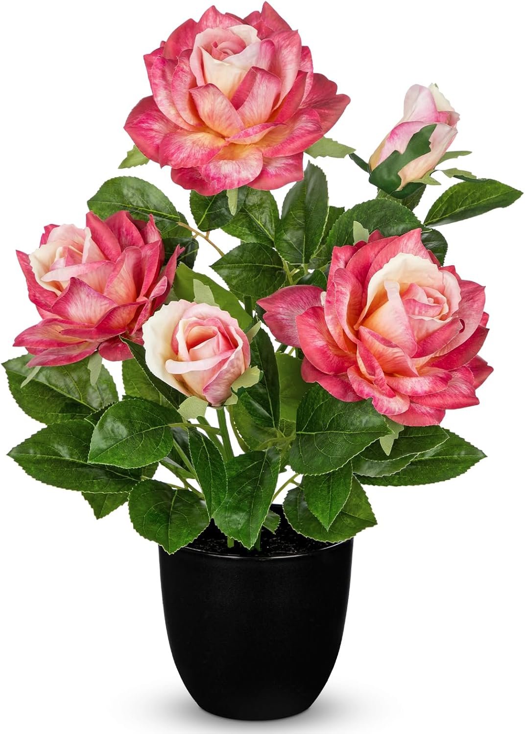 16.5" Roses Artificial Flowers in Pot, Hot Pink Fake Rose Flowers Arrangement with 3 Blooms 2 Buds, Decorative Potted Floral Centerpieces for Home Table Office Desk Kitchen Counter Farmhouse Decor