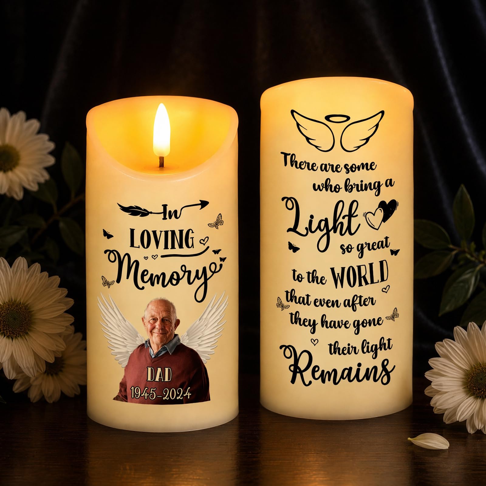 Personalised Memorial LED Candles with Photo Engraved Name and Date Flameless Electronic Candles Lamp with Battery Memory Gift Sympathy Remembrance Gift (E)