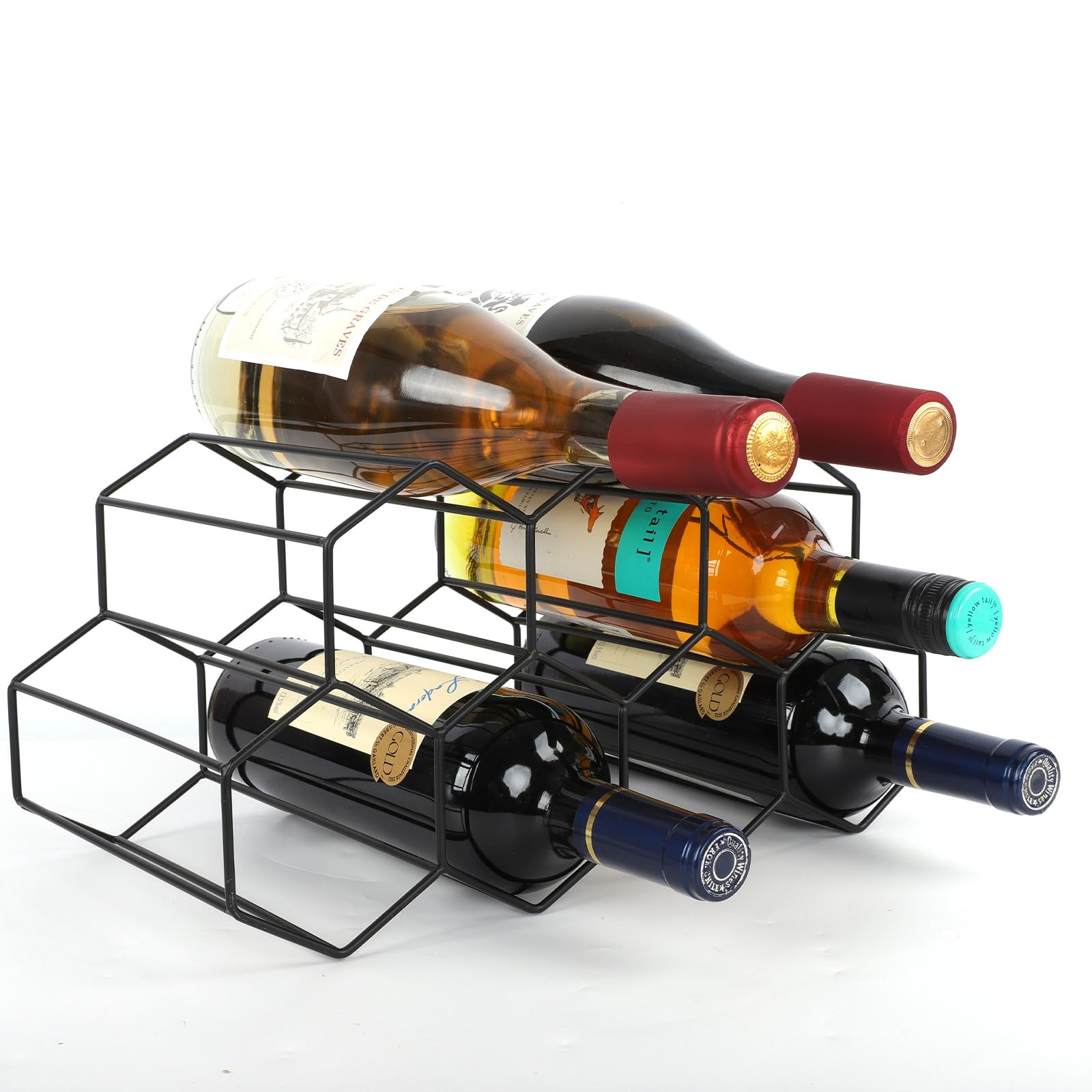 Luoieo Black Countertop Wine Racks 9 Bottle,Geometric Stainless Steel Wine Bottle Holder,Compact Small Wine Rack for Cabinet Pantry Bar Table No