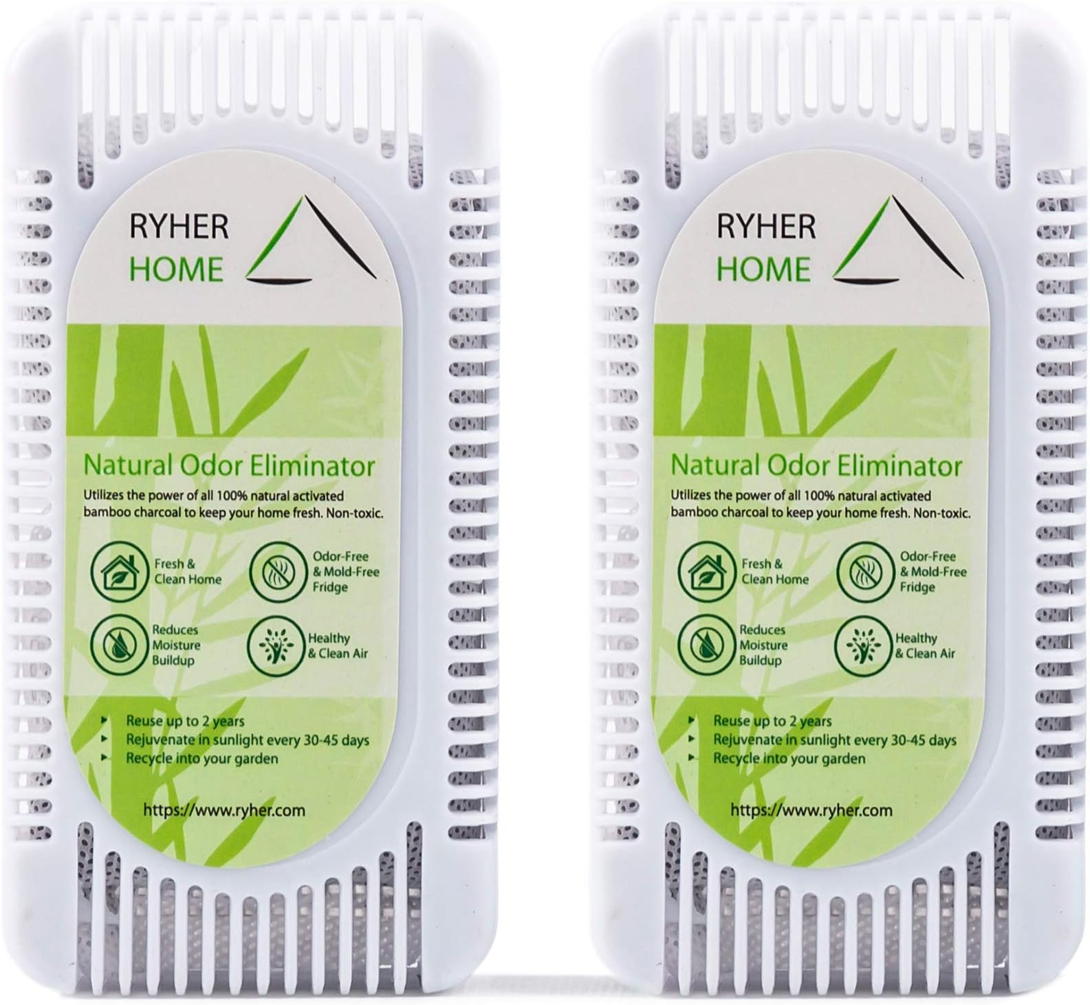 RyherNatural Bamboo Activated Charcoal Refrigerator Deodorizer - Air freshener and Odor Remover for The Fridge – Reusable for 2 Years (L-2units, White)