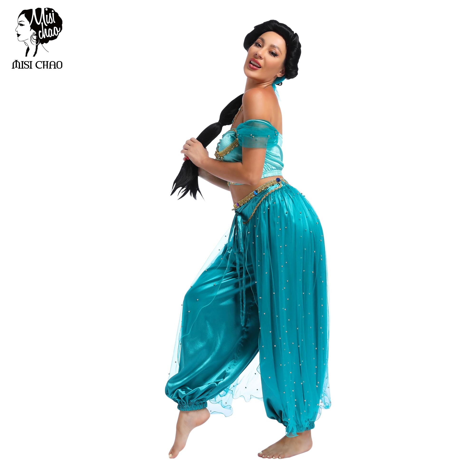 MISI CHAO Belly Dance Princess Jasmine Costume - Aladdin Halloween Outfit Princess Costumes Teal for Women