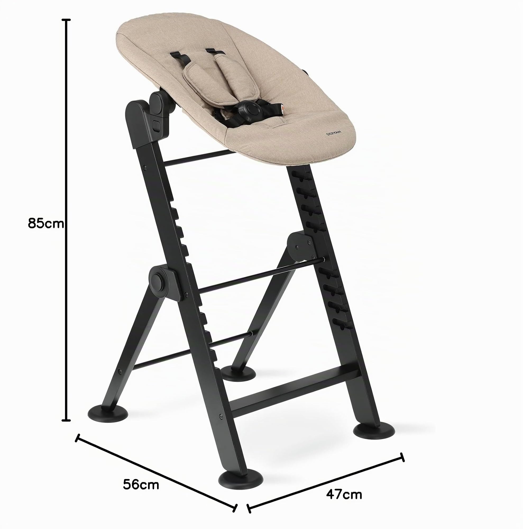 Deryan Odin Hochstuhl Baby & Kleinkind (0 bis 3 Jahre), Faltbarer Mitwachsender Holzhochstuhl, Inklusive 3 Punkt Gurt, Höhenverstellbar & Klappbar, Inkl. Tablett, Newborn Set mit 2in1 Bouncer, Nougat