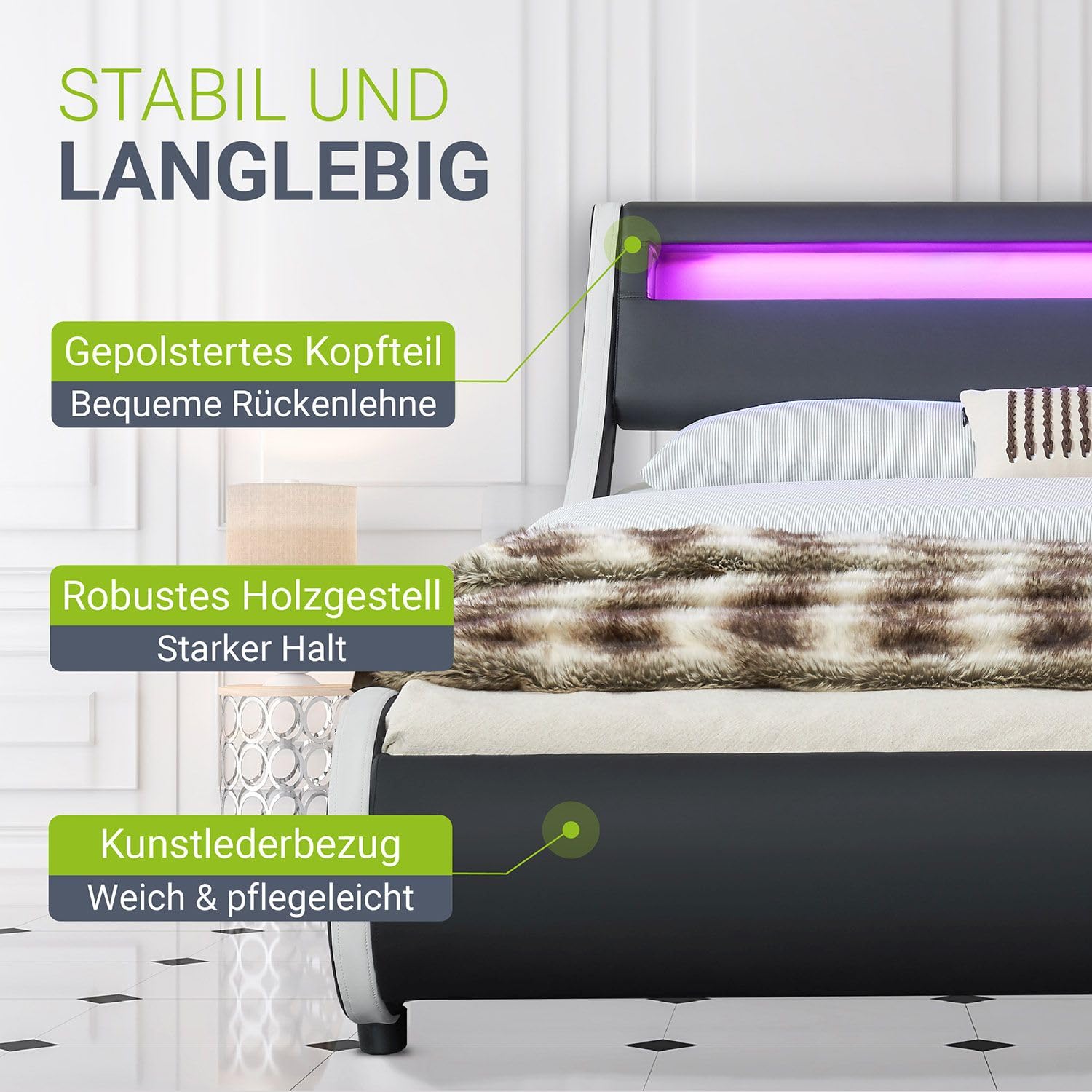Juskys Polsterbett Valencia 180x200 cm komplett mit Matratze, LED Beleuchtung, Lattenrost & Kopfteil - Bett Doppelbett - schwarz
