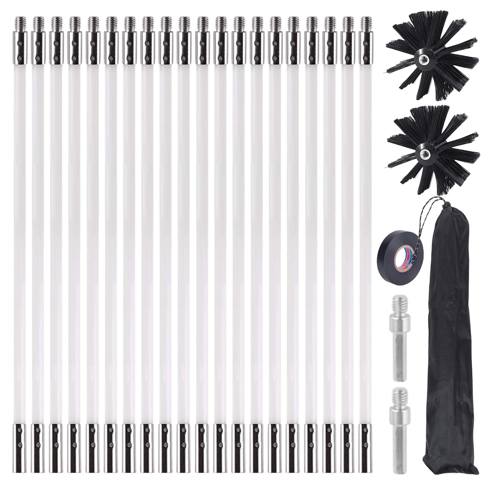 Juego de 26 piezas de varillas de cepillo para chimenea, con 20 varillas flexibles de 400 mm + 2 cabezales de cepillo de 150 mm + 1 bolsa de almacenamiento + accesorios, kit de cepillos de limpieza