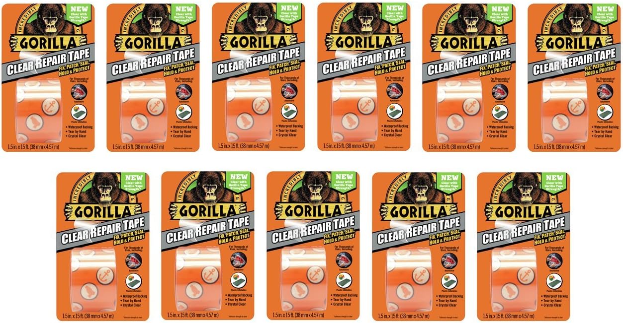 Gorilla Crystal Clear Duct Tape, 1.88" x 5 yd, Clear, (Pack of 11)