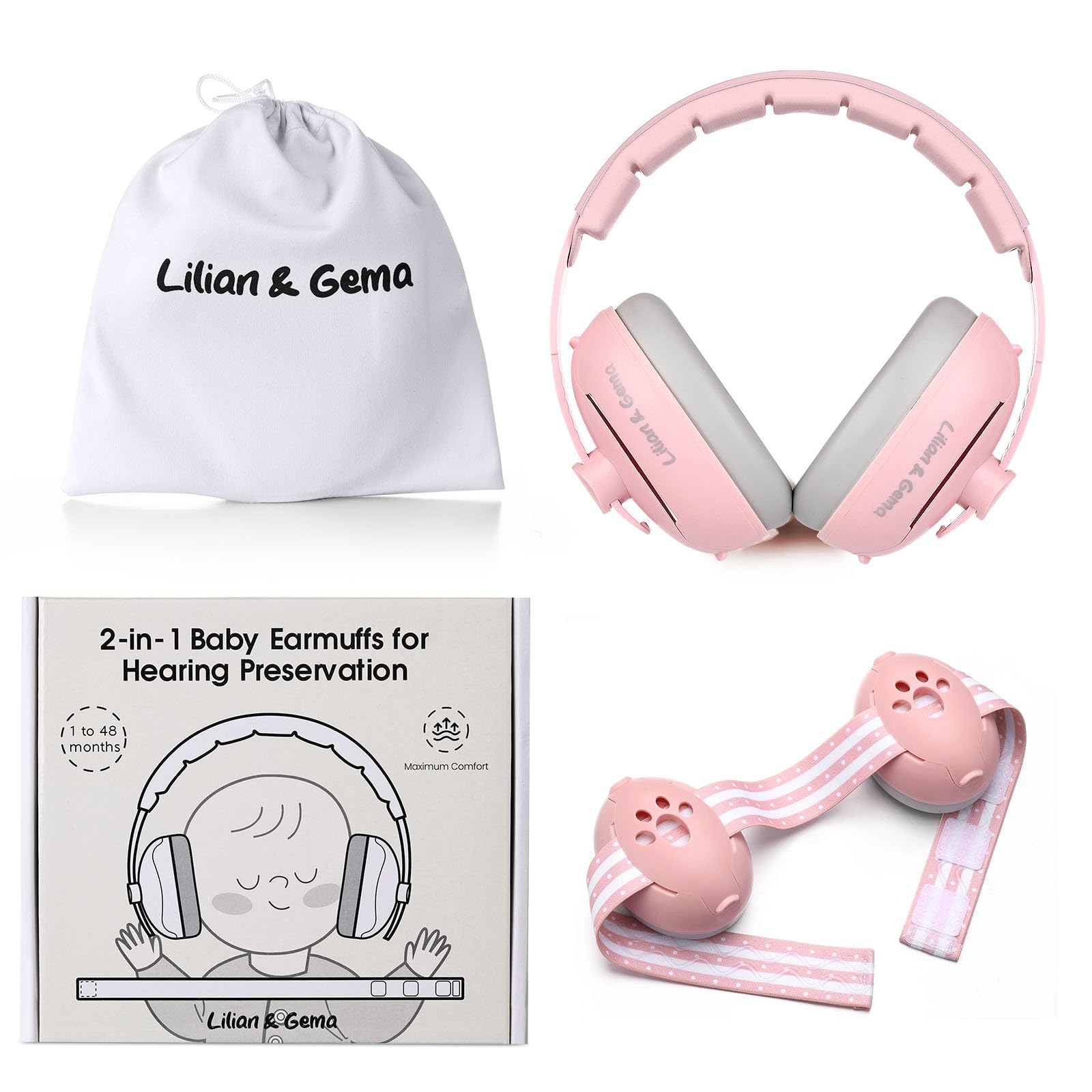 Lilian&Gema 2-in-1 Baby Ear Muffs Noise Protection up to 48 Months - Baby Airplane/Travel Essentials - Adjustable Noise Reduction Earmuffs - Ear