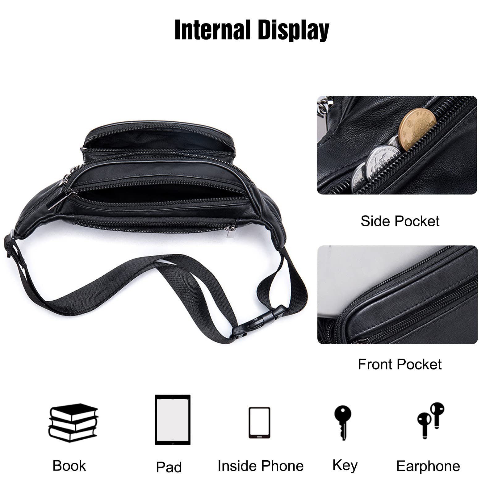 FANDARE Riñonera Mujer Hombre Cuero Bolso Hombro Bolsa de Pecho Retro Bolsa Cruzada Bandolera Impermeable Bolsos Bandolera Excursionismo Bolsos Bandolera para Escolar Viaje Crossbody Bag Negro A