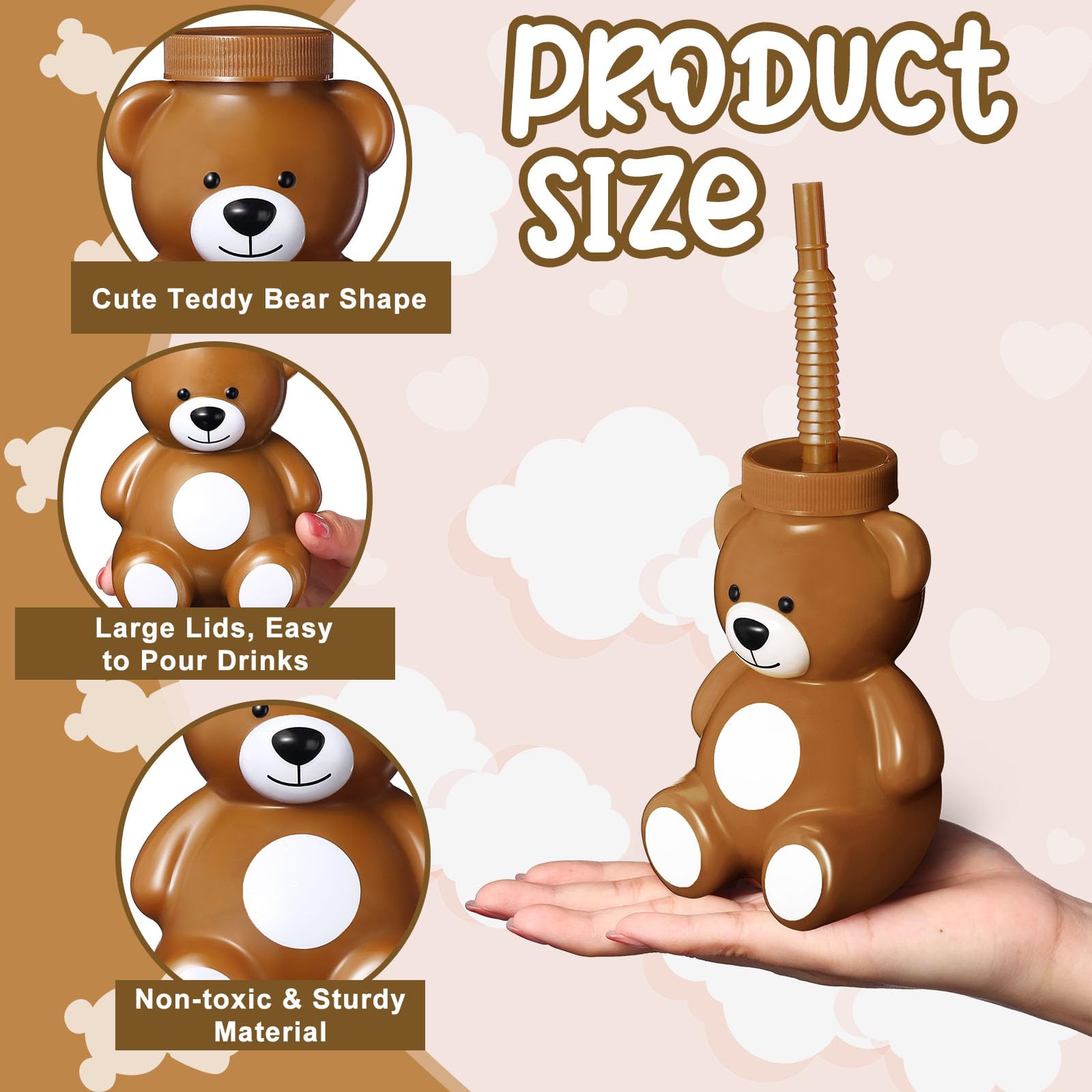 Maxdot 12 Pieces Bear Cups with Straws and Lids, 10 oz Plastic Bear Shape Cup Reusable Creative Cups Bulk for Baby Shower Kids Birthday Wedding Party Favors, Brown