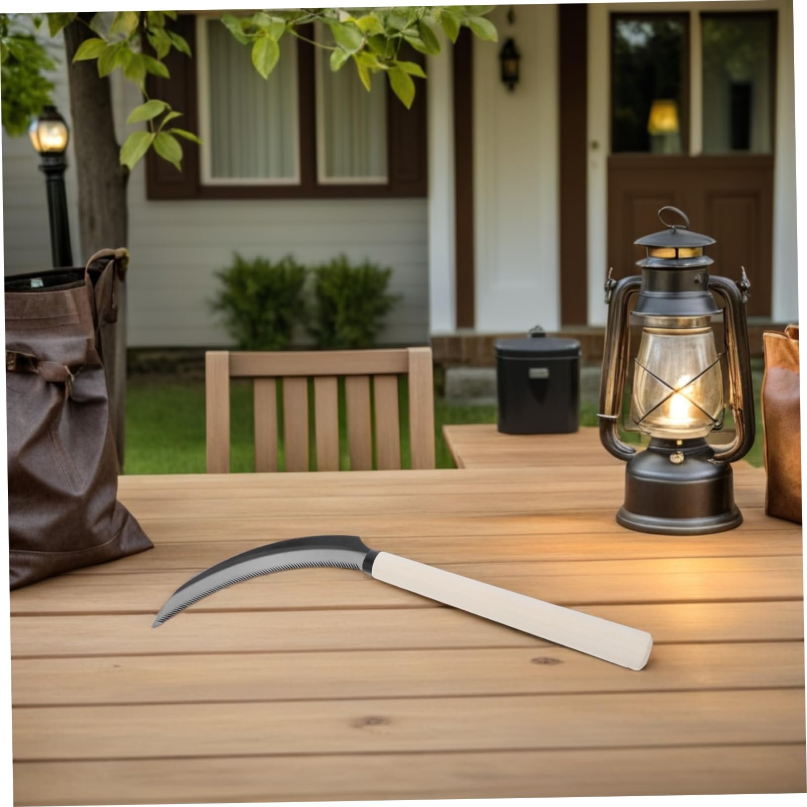 BESPORTBLE Serrated Handheld Weeding And Harvesting Tool With Weather Resistant Wooden Handle Crescent Shaped Blade For Precise Garden And Farm Cultivating