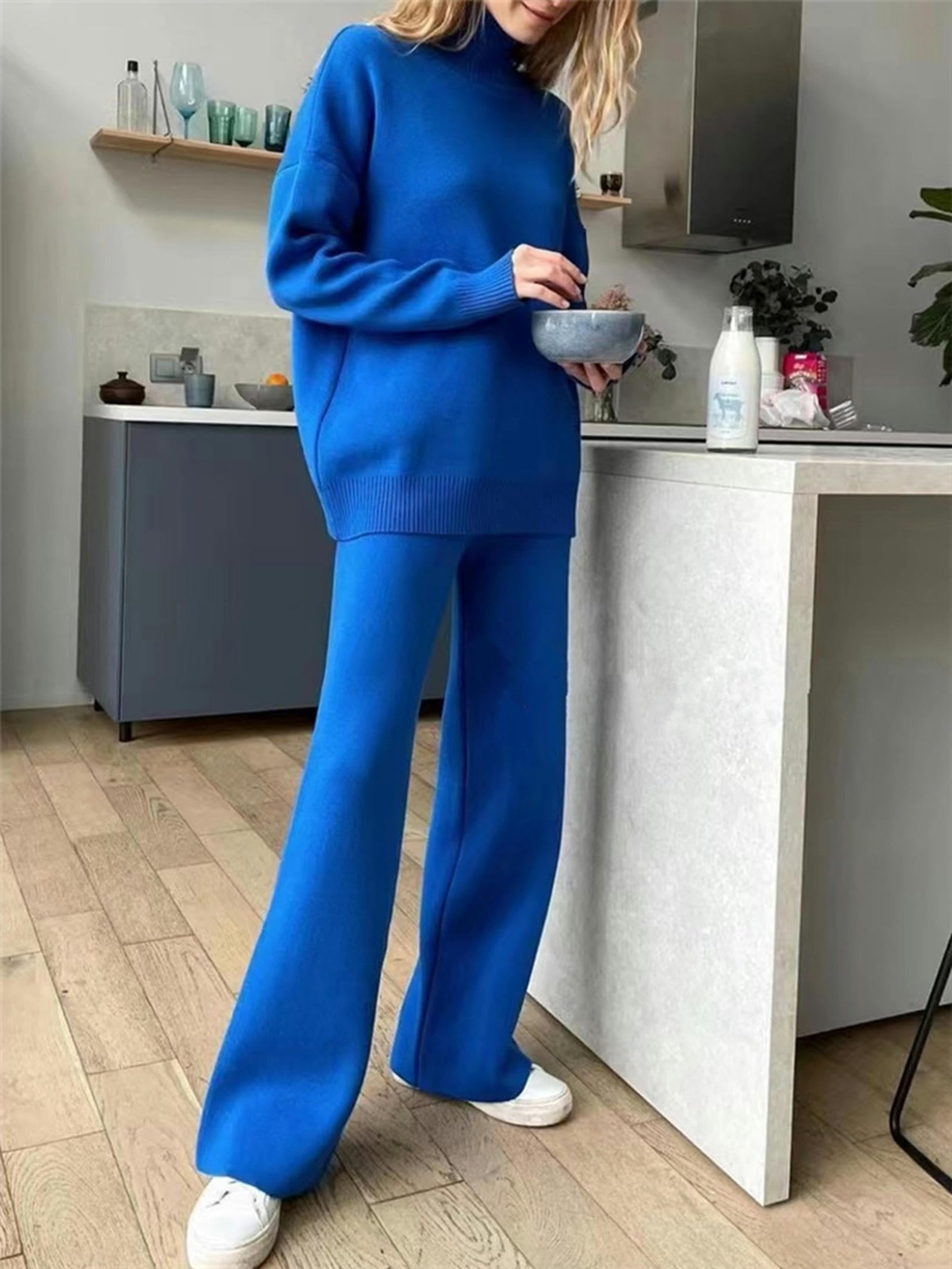 Set da 2 Pantaloni da Jogging a Gamba Dritta con Collo Alto e Tuta in Maglia da Donna-NUOVOblu-Taglia Unica