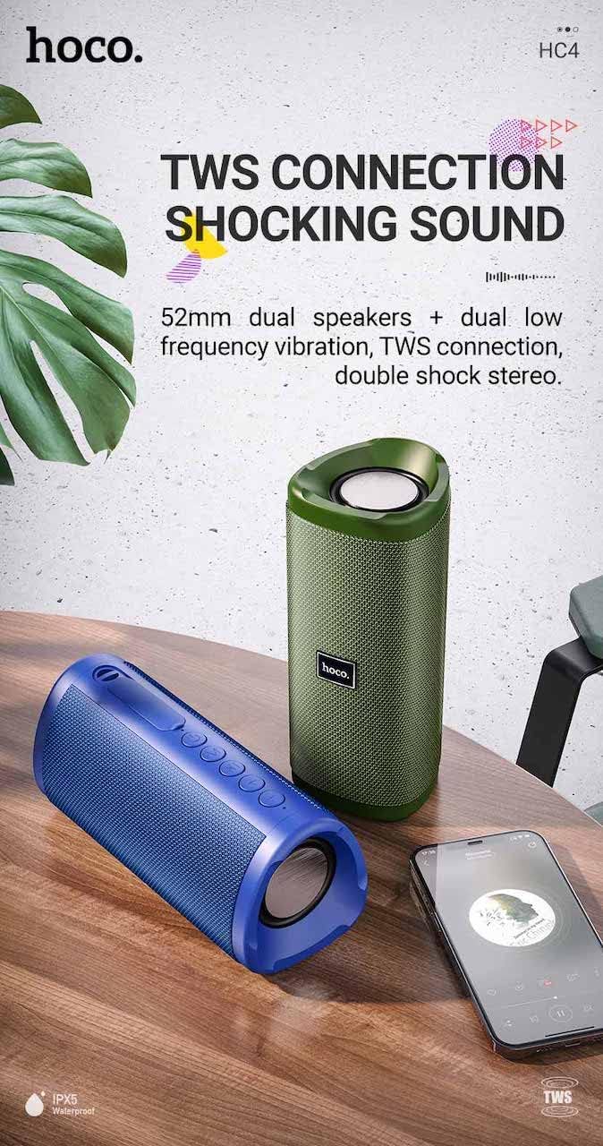 Two Hoco HC4 speakers, blue and green, with a smartphone, illustrating TWS connection and IPX5 waterproof rating.