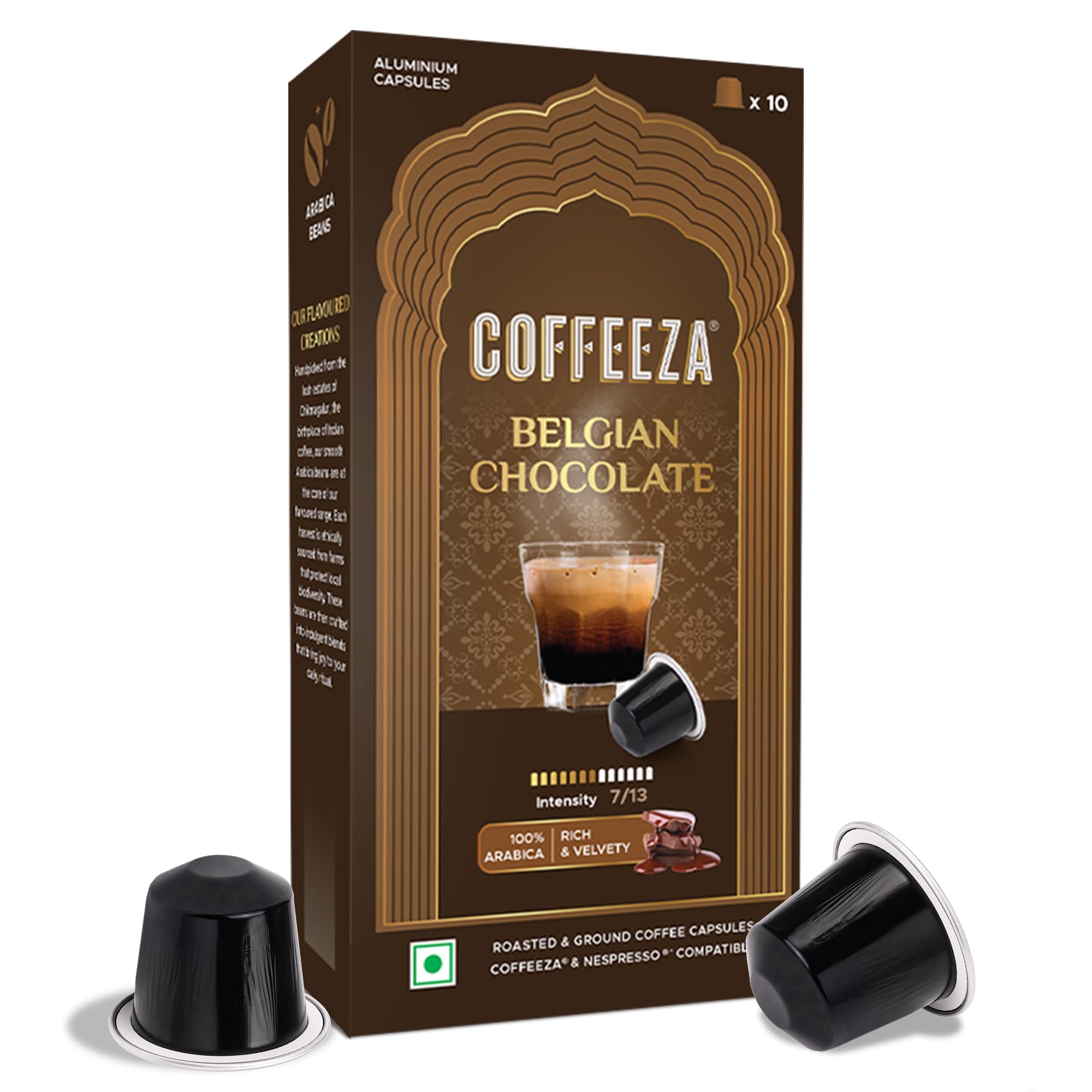 Belgian Chocolate Flavoured Aluminium Coffee Capsules, Intensity -7 |100% Arabica Coffee | Nespresso Compatible Coffee Pods | Box of 1 (10 Capsules)
